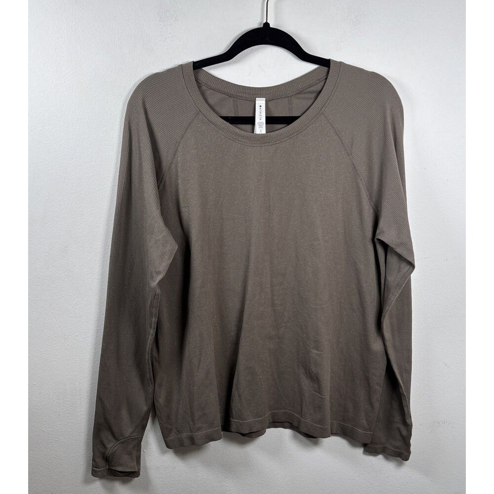 Athleta Women’s XL Ribbed Thumbhole Long Sleeve Performance Top Taupe Stretch
